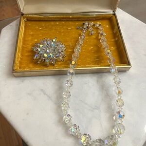 Vintage Estate Faux Crystal Strand Necklace Aurora Borealis Adj. 18” with brooch